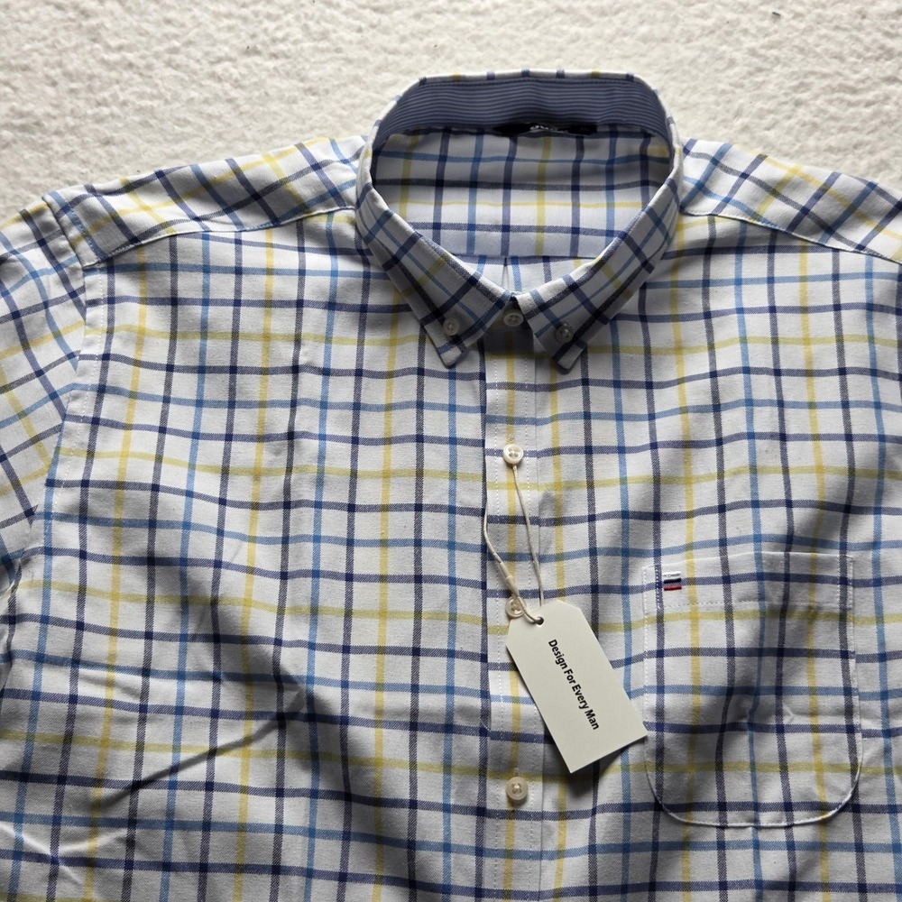 Ouku Shirt Mens XL White Check Long Sleeve Button-Down Pocket Casual Cotton